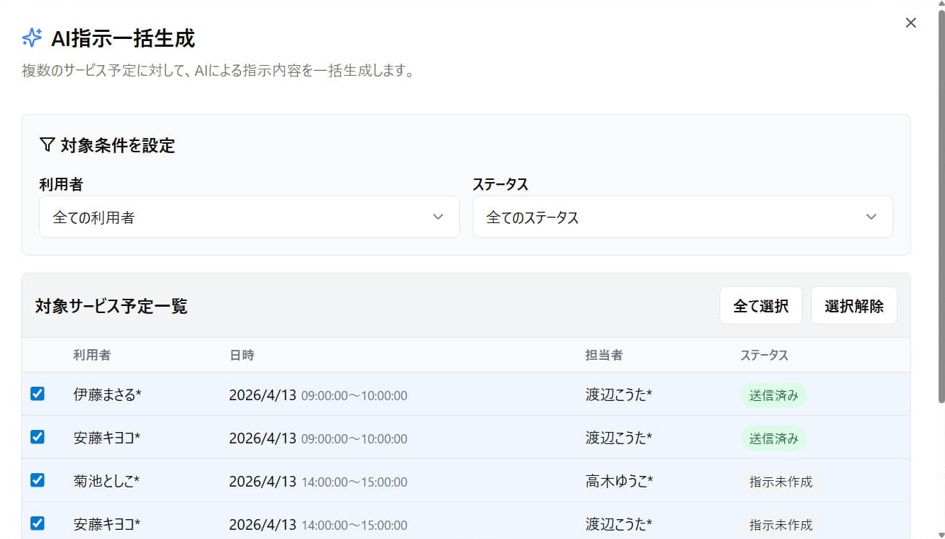 コミミのチームの指示出し画面のスクリーンショット。サ責からヘルパーへの指示内容が表示されている。