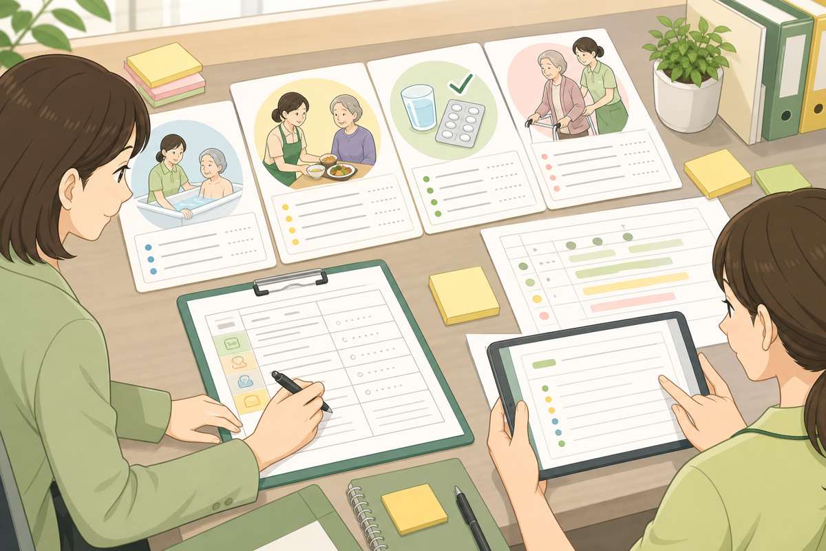 訪問介護計画書の記入例を作成するイメージ