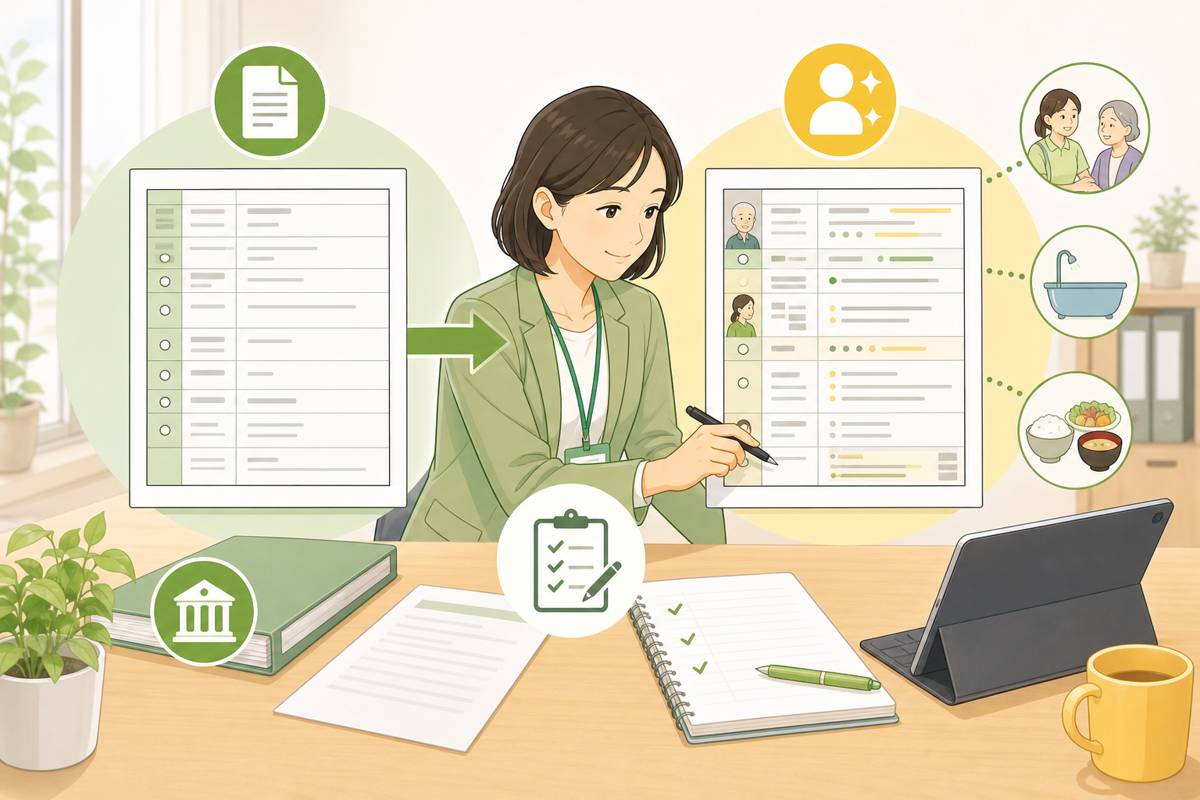 訪問介護計画書テンプレートを個別化するイメージ