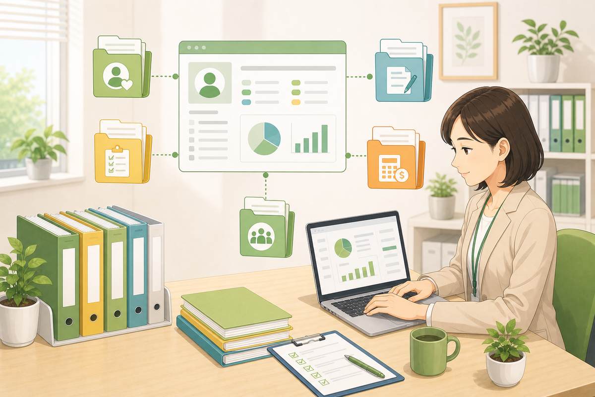 居宅介護支援ソフトで書類管理を効率化する様子