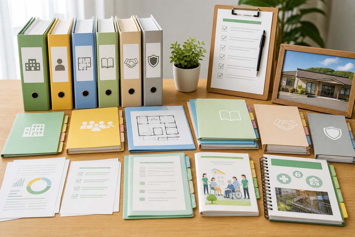 指定申請に必要な書類を分類して確認する介護事業所のデスク
