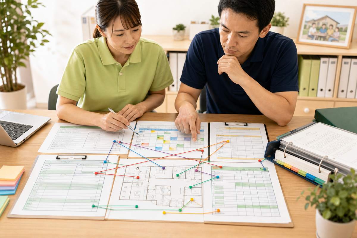 勤務表や平面図と申請書類の整合性を確認する場面