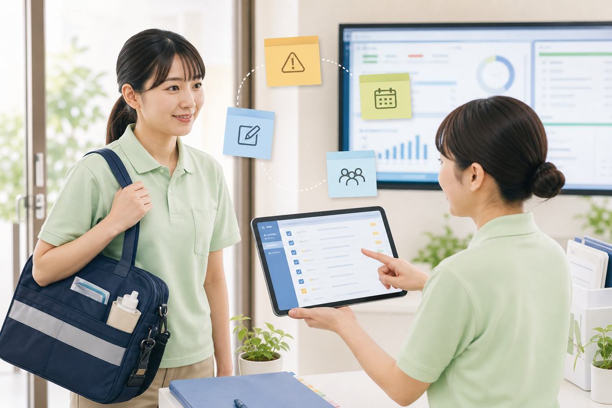 訪問介護の申し送りと引き継ぎを確認する職員
