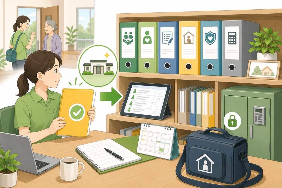 サービス提供記録の保存期間を確認する書類棚