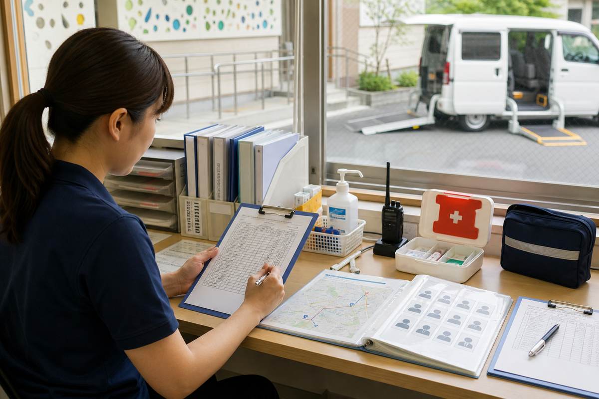 送迎記録と事故報告を確認する放課後等デイサービス職員