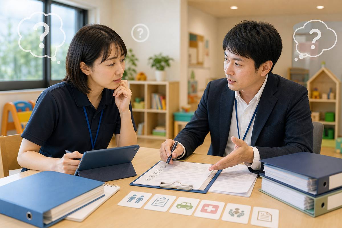 放課後等デイサービスの実地指導に関する質問を確認する職員