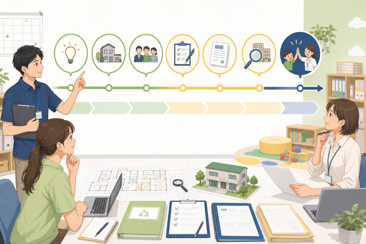 放課後等デイサービスの開業スケジュールを確認する職員