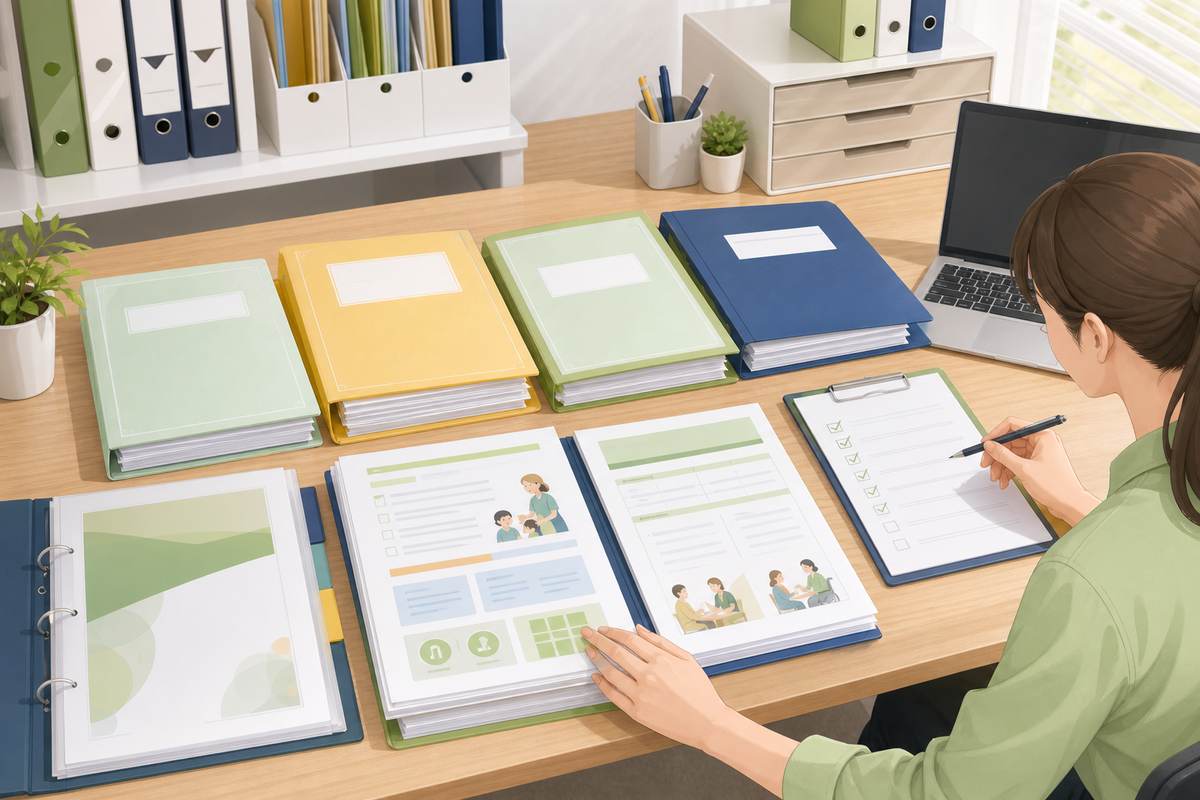 放課後等デイサービスの必要書類を整理する事務担当者