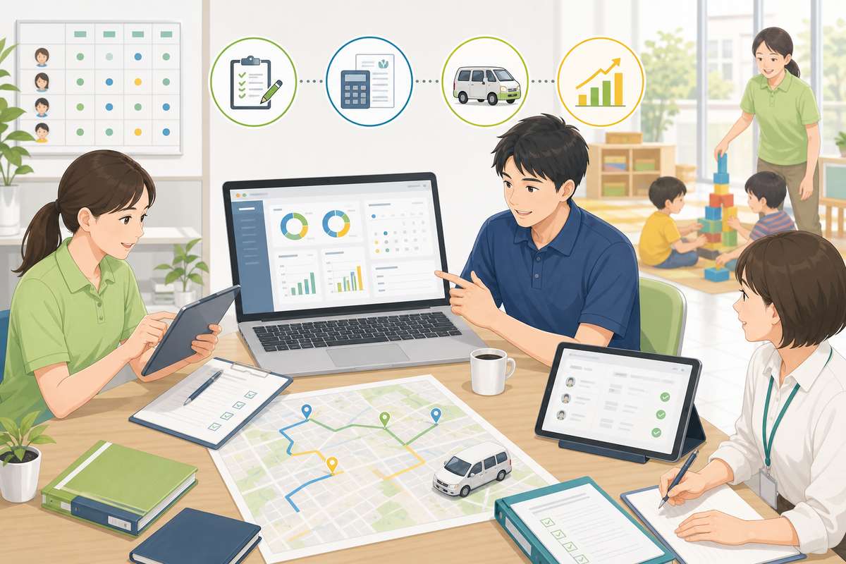 放課後等デイサービスの記録請求送迎管理をソフトで確認する職員