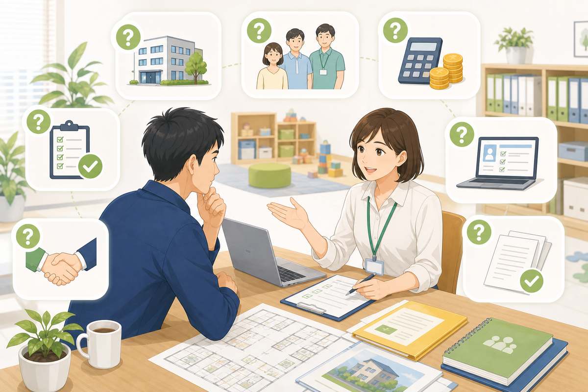 放課後等デイサービスの開業に関する質問を確認する職員