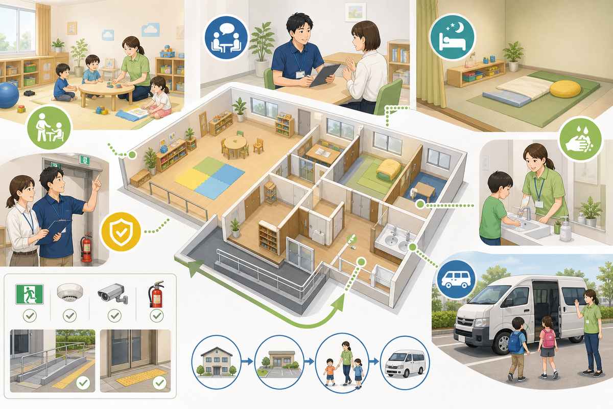 放課後等デイサービスの設備基準と施設レイアウトを確認する職員